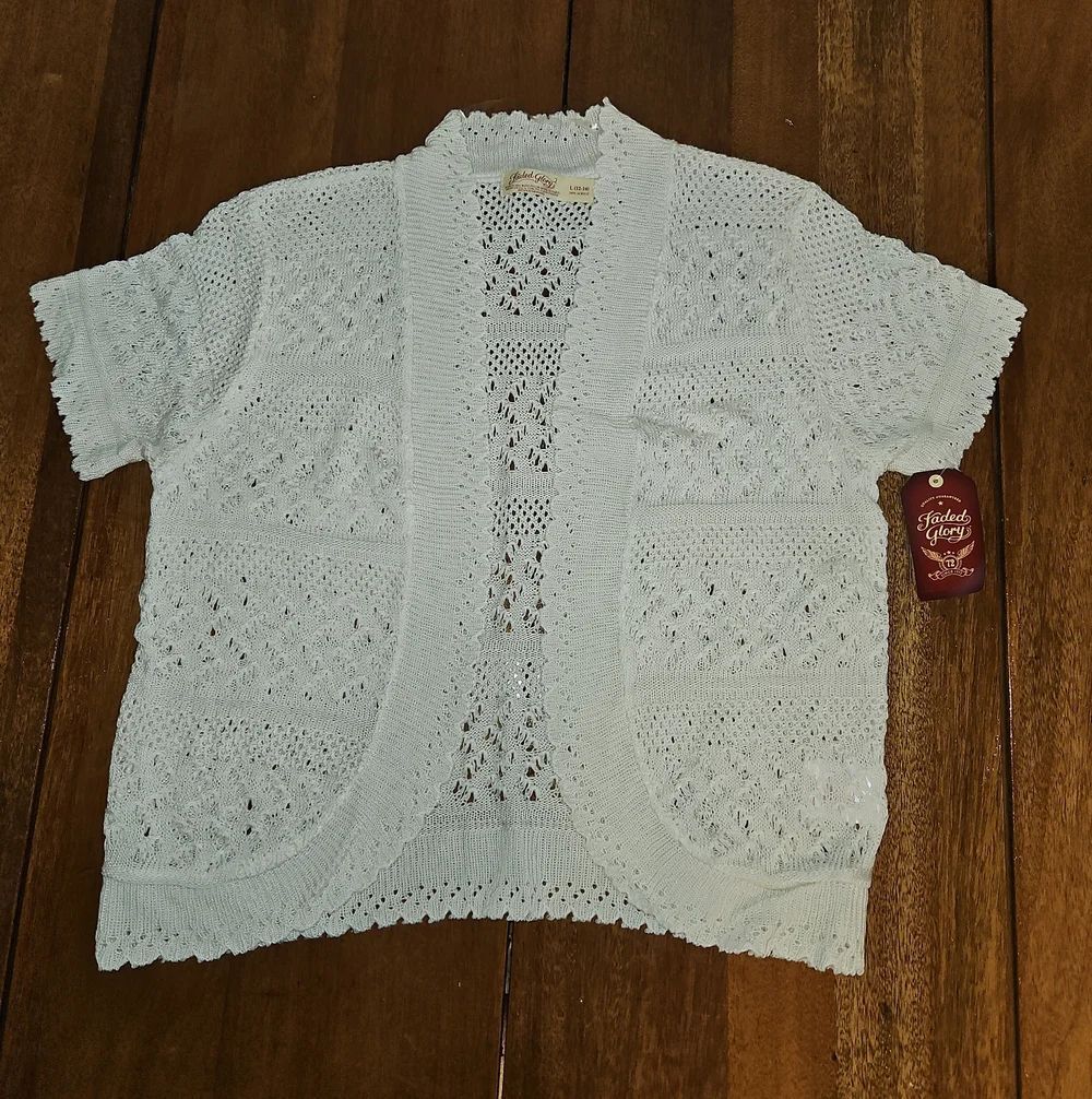 Faded Glory Open-Knit Short Sleeve White Cardigan
